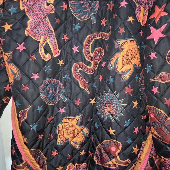 Farm Rio Quilted Star & Animal Print Coat - Black with Pink & Orange - Picture 6 of 7